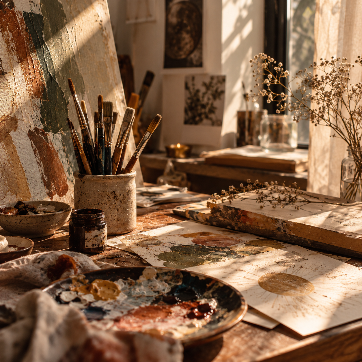 Atelier de pintura con pinceles, paleta y obras sobre la mesa