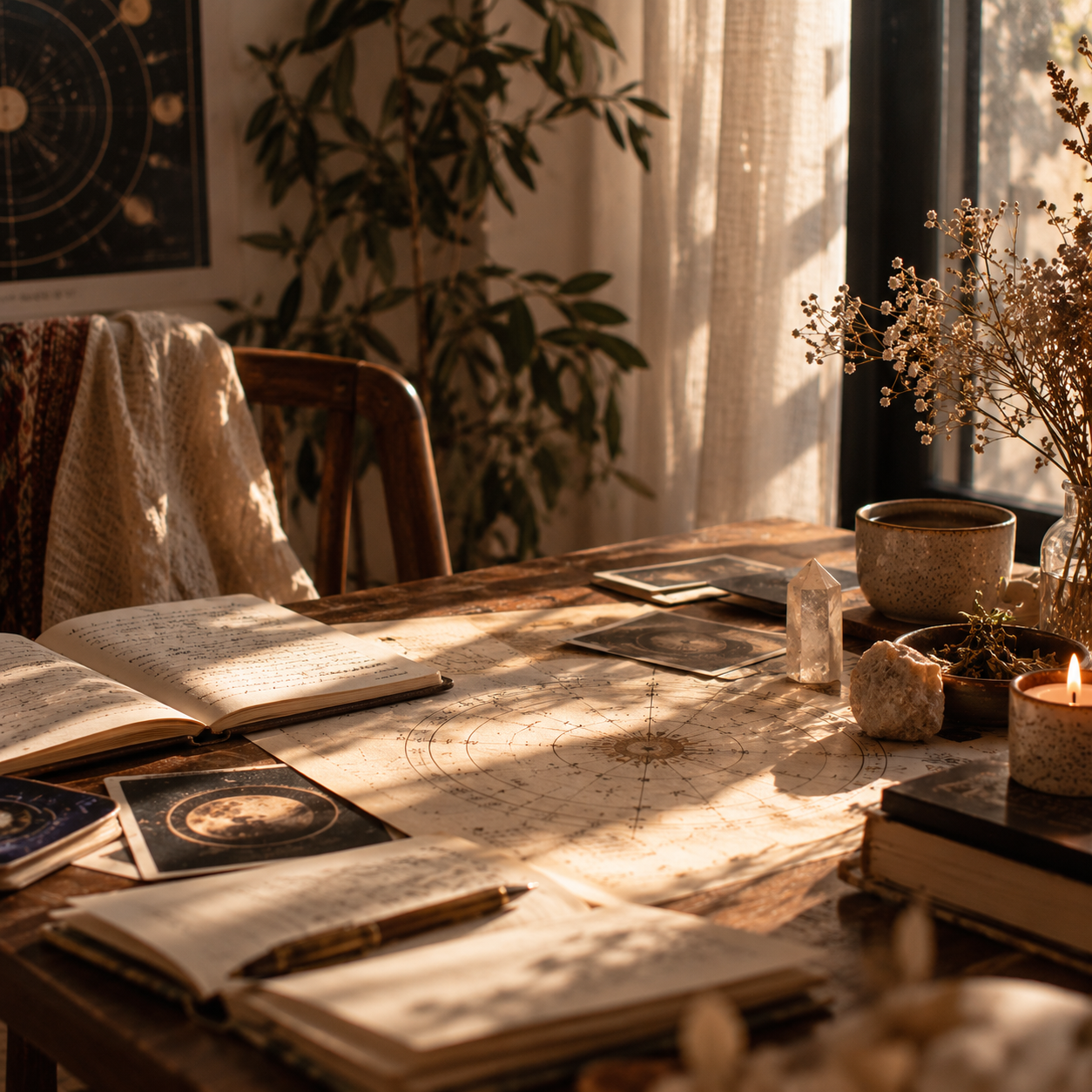 Espacio de astrología con cartas, cuadernos, un cristal y una vela bajo la luz del sol
